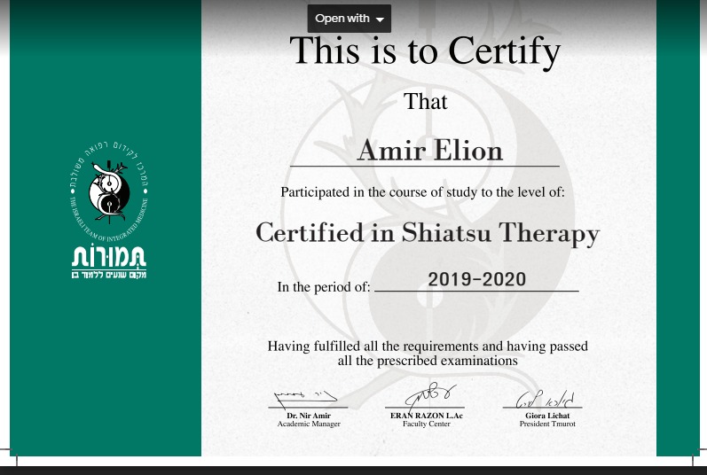 Amir Elion Shiatsu Certificate